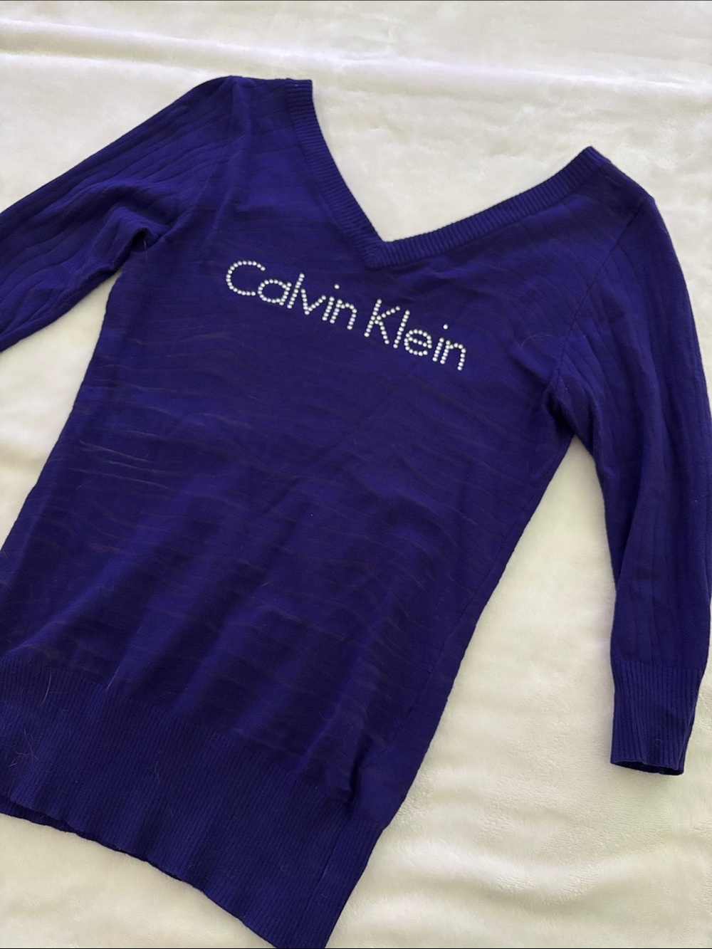 Calvin Klein Deep Purple Rhinestone V-Neck Sweater Top